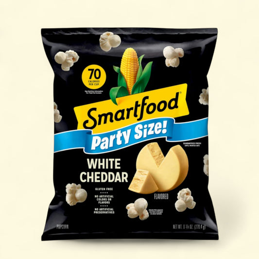 Smartfood party size white Cheddar cheese chips packaging on a beige background