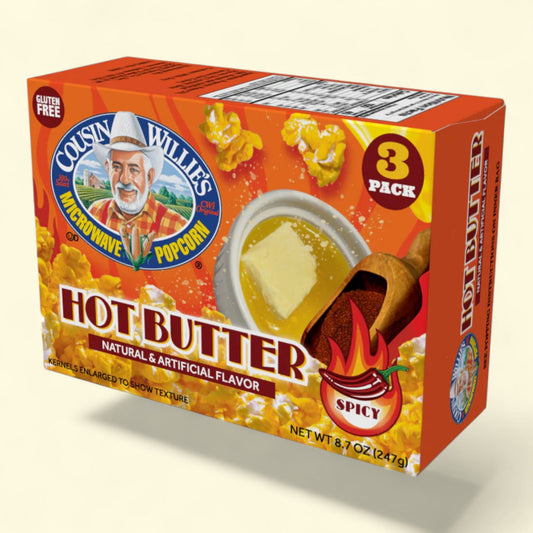 Cousin Willie's Hot Butter Popcorn, Regular Size, 17.40 oz — authentic US product shipped worldwide by Treatspree