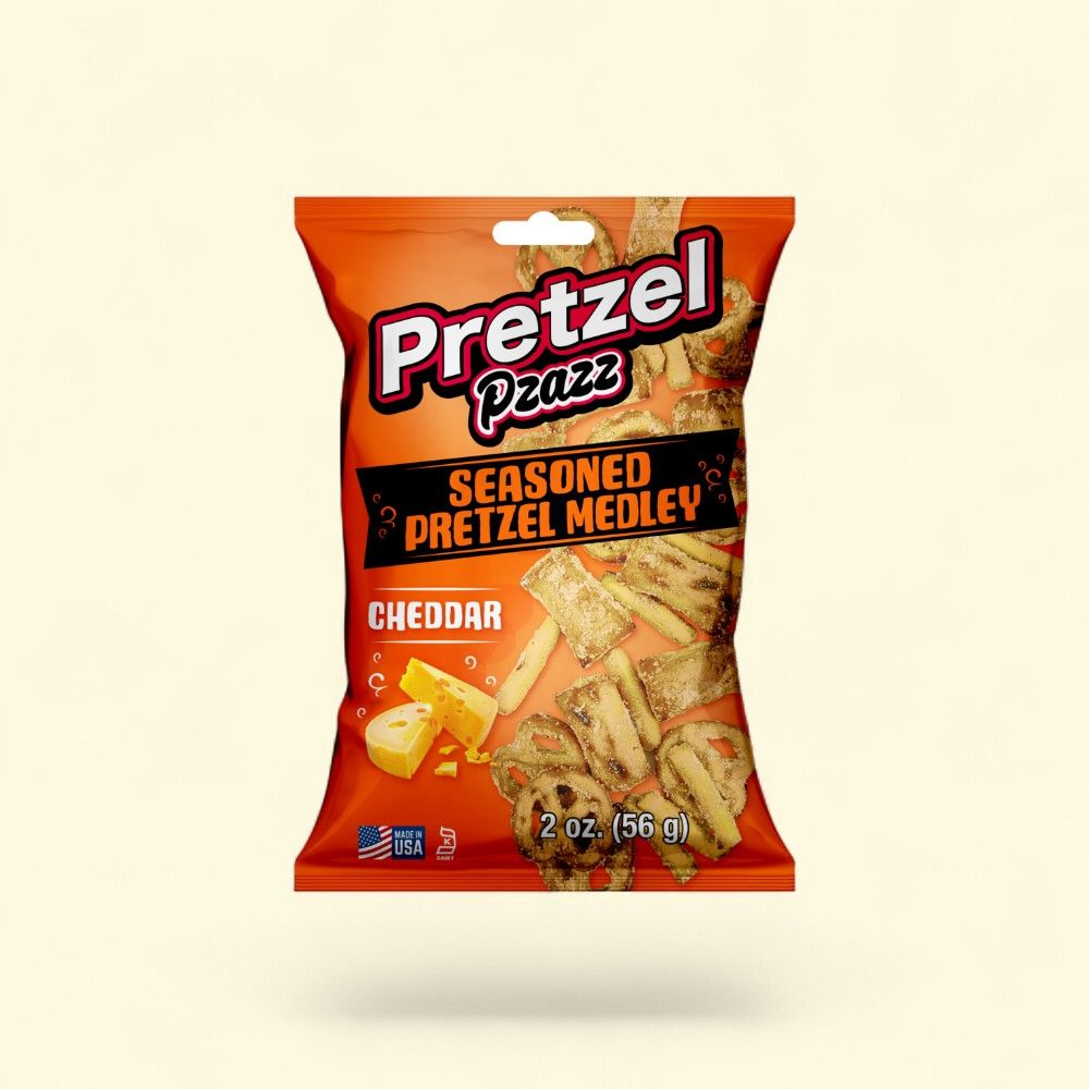 Pretzel Pzazz Cheddar Medley Pretzels 2oz — authentic US product shipped worldwide by Treatspree