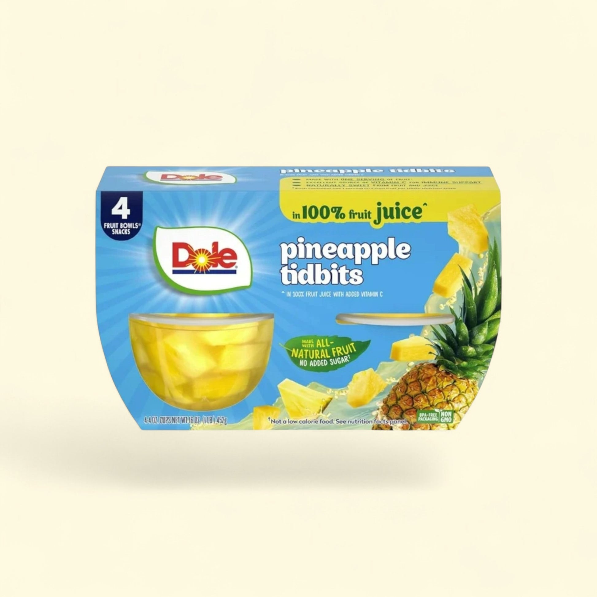 Dole Fruit Bowls Pineapple Tidbits, 4 oz Cups (4 Pack) — authentic US product shipped worldwide by Treatspree