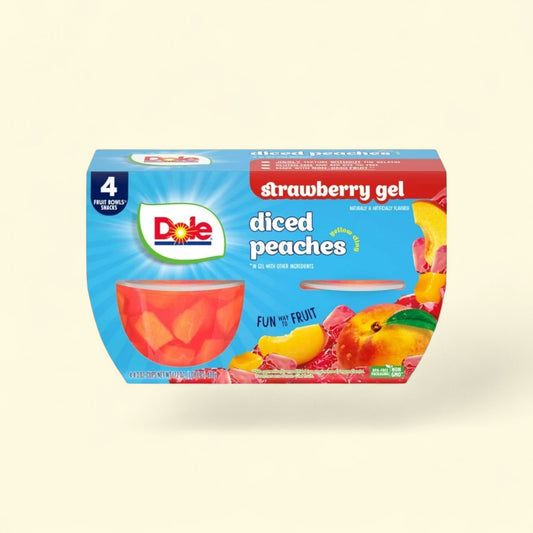 Dole Fruit Bowls Diced Peaches in Strawberry Gel, 4.3 oz (4 Pack) — authentic US product shipped worldwide by Treatspree