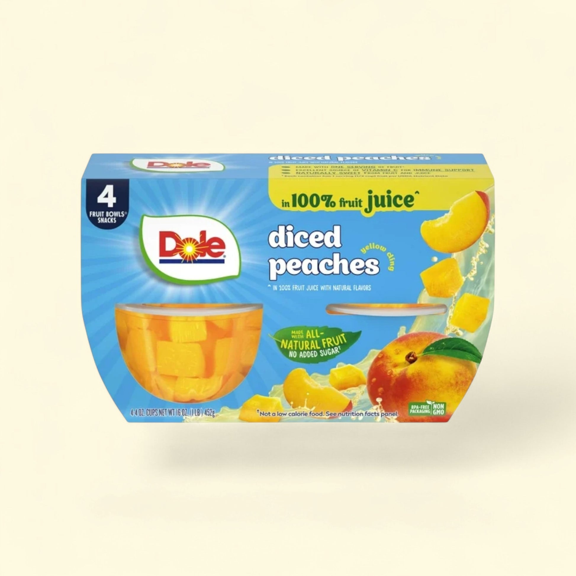 Dole Fruit Bowls Diced Peaches, 4 oz Cups (4 Pack) — authentic US product shipped worldwide by Treatspree