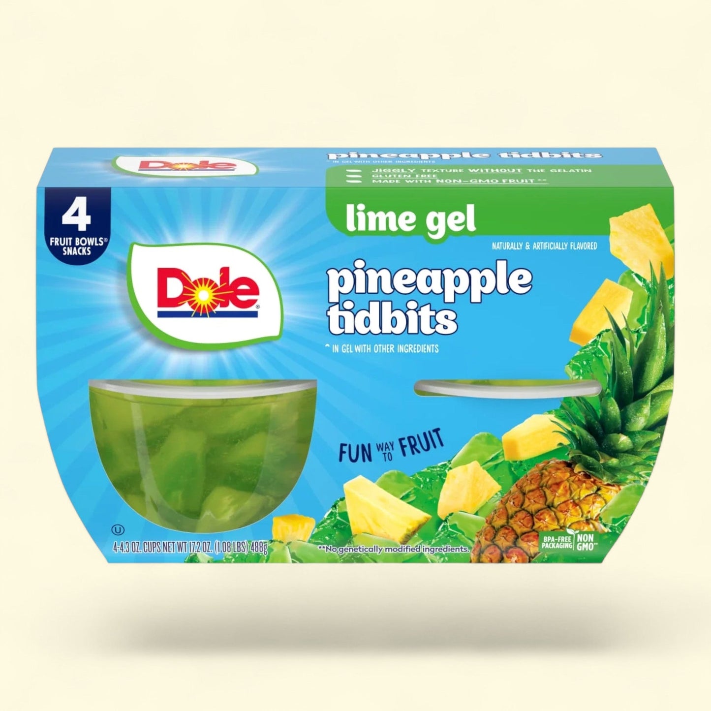 Dole Fruit Bowls Diced Pineapple in Lime Gel, 4.3 oz Cups (4 Pack)