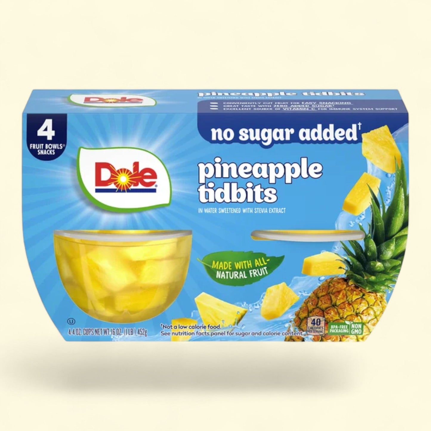 Dole Fruit Bowls Pineapple Tidbits in Water, 4 oz Cups (4 Pack)
