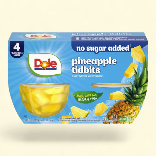 Dole Fruit Bowls Pineapple Tidbits in Water, 4 oz Cups (4 Pack)