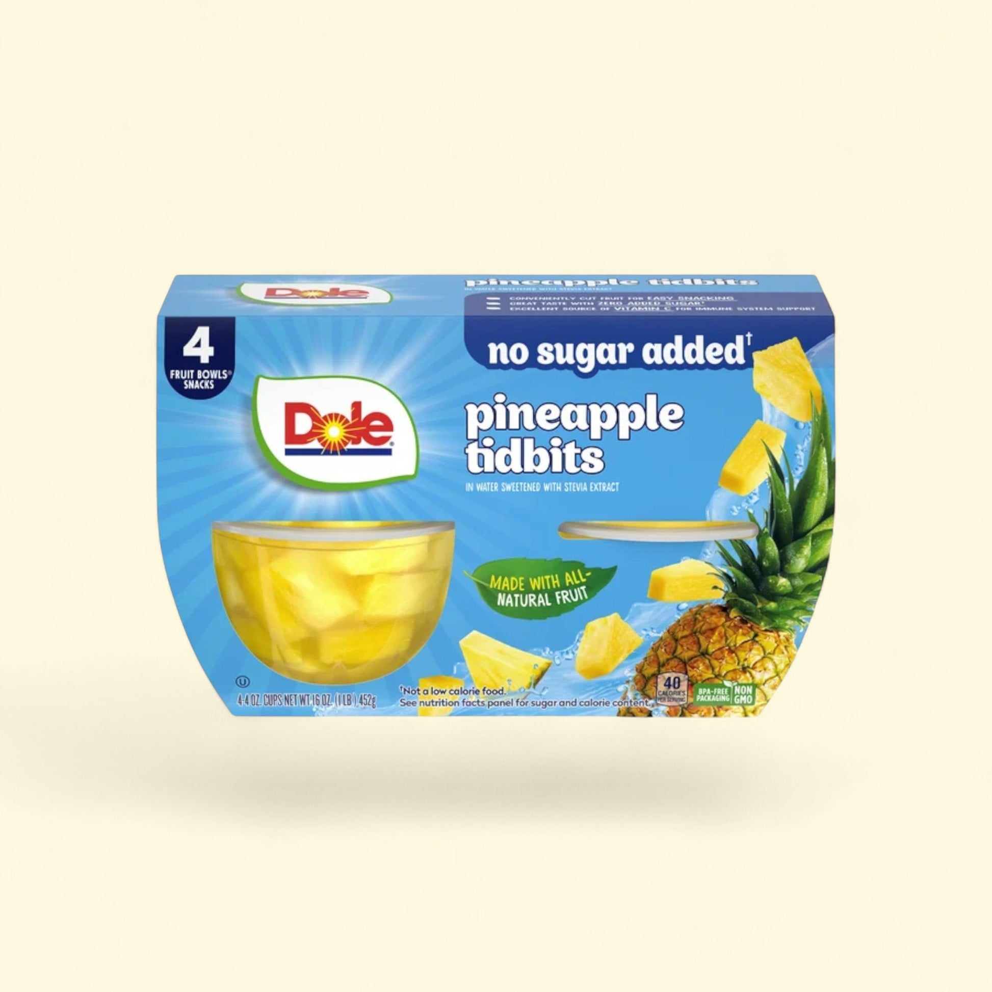 Dole Fruit Bowls Pineapple Tidbits in Water, 4 oz Cups (4 Pack) — authentic US product shipped worldwide by Treatspree