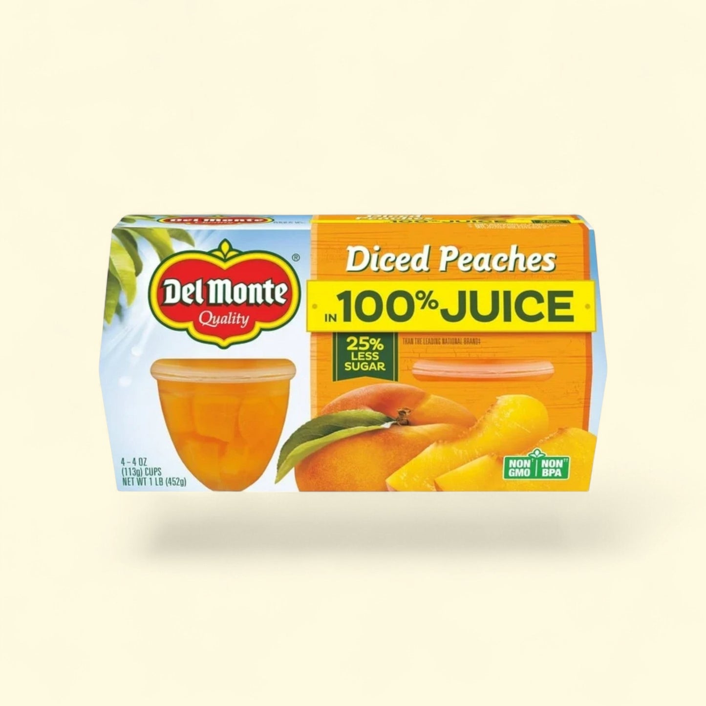 Del Monte Diced Peaches Fruit Cup Snacks, 4 oz — authentic US product shipped worldwide by Treatspree