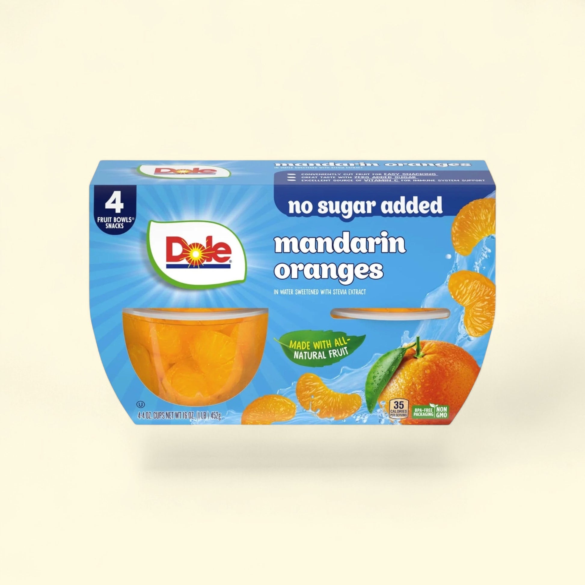 Dole Fruit Bowls Mandarin Oranges in Water, 4 oz Cups (4 Pack) — authentic US product shipped worldwide by Treatspree