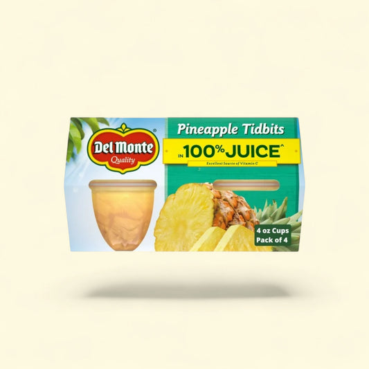 Del Monte Pineapple Tidbits, 4 oz Cup (Pack of 4) — authentic US product shipped worldwide by Treatspree