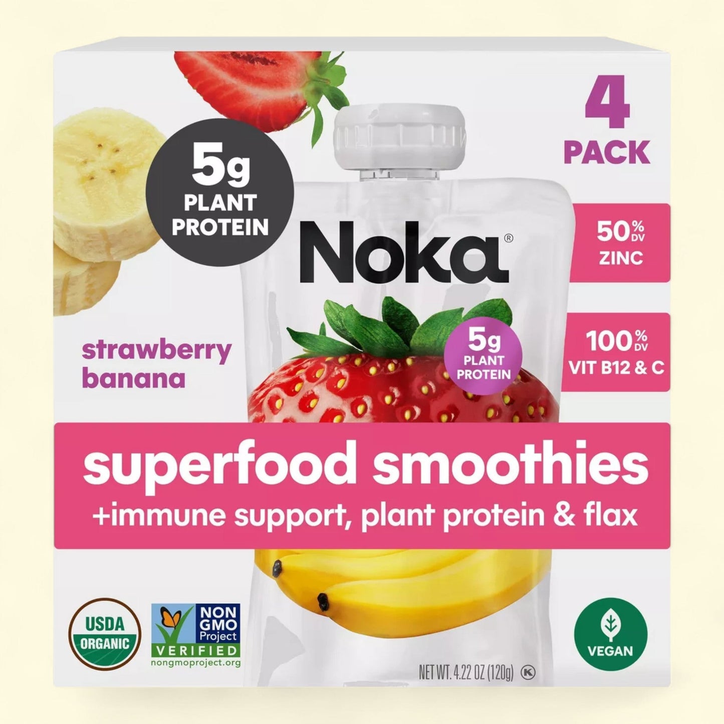 Noka Organic Superfood Smoothie, Strawberry Banana + Immune Support, 16.9oz/4pk