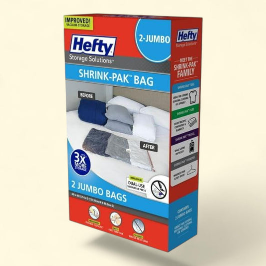 Hefty Shrink-Pak 2 Jumbo Vacuum Compression Storage Bags, Closet Organizer, Adults / Tweens