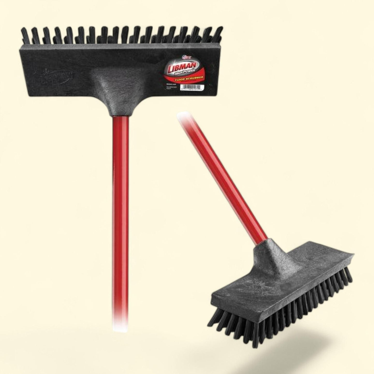 Libman Floor Scrub Brush, High Power, Steel Handle, Polypropylene Block, Red Black