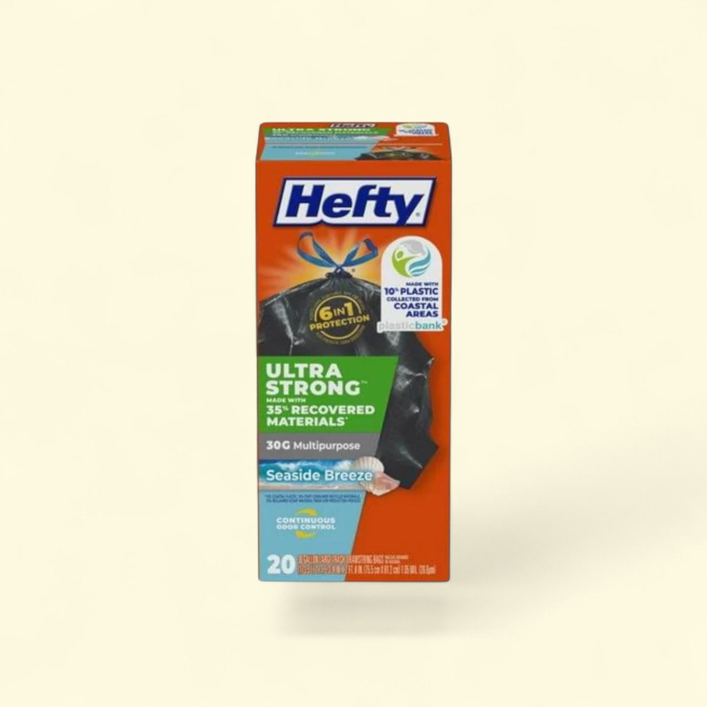 Hefty Ultra Strong 30 gallon Trash Bags, Multipurpose Large Trash Bags Made with Recovered Materials, Including Coastal Plastic, Black, Seaside Breeze Scent, 20 Bags