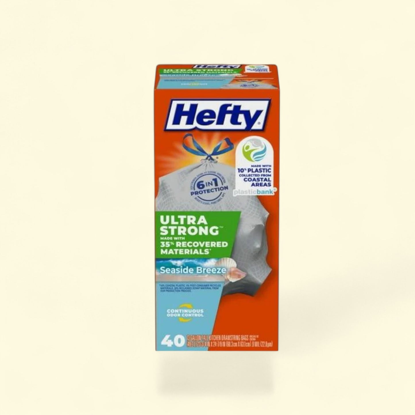 Sacs poubelle ultra-résistants Hefty de 50 litres, grands sacs poubelle de cuisine fabriqués à partir de matériaux recyclés, notamment du plastique provenant des côtes, couleur grise, parfum « Brise marine », lot de 40 sacs