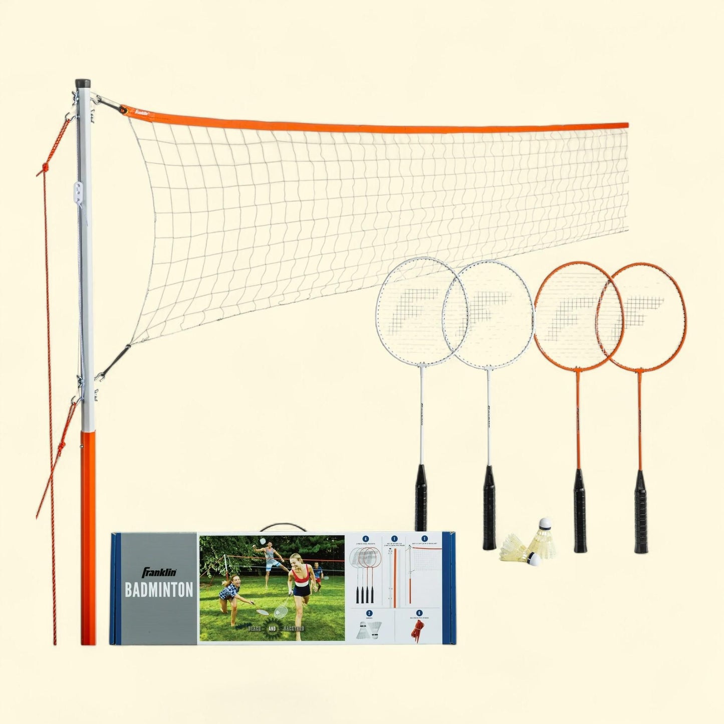 Kit de démarrage pour filet de badminton Franklin Sports, comprenant 4 raquettes en acier, 2 volants, un filet réglable et des piquets, pour le jardin ou la plage, installation facile du filet