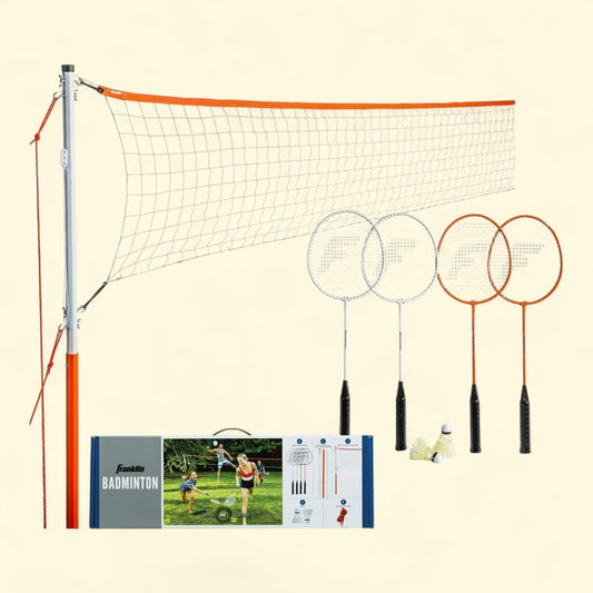 Franklin Sports Badminton Net Starter Set, 4 Steel Rackets, 2 Birdies, Adjustable Net and Stakes, Backyard or Beach, Easy Net Setup