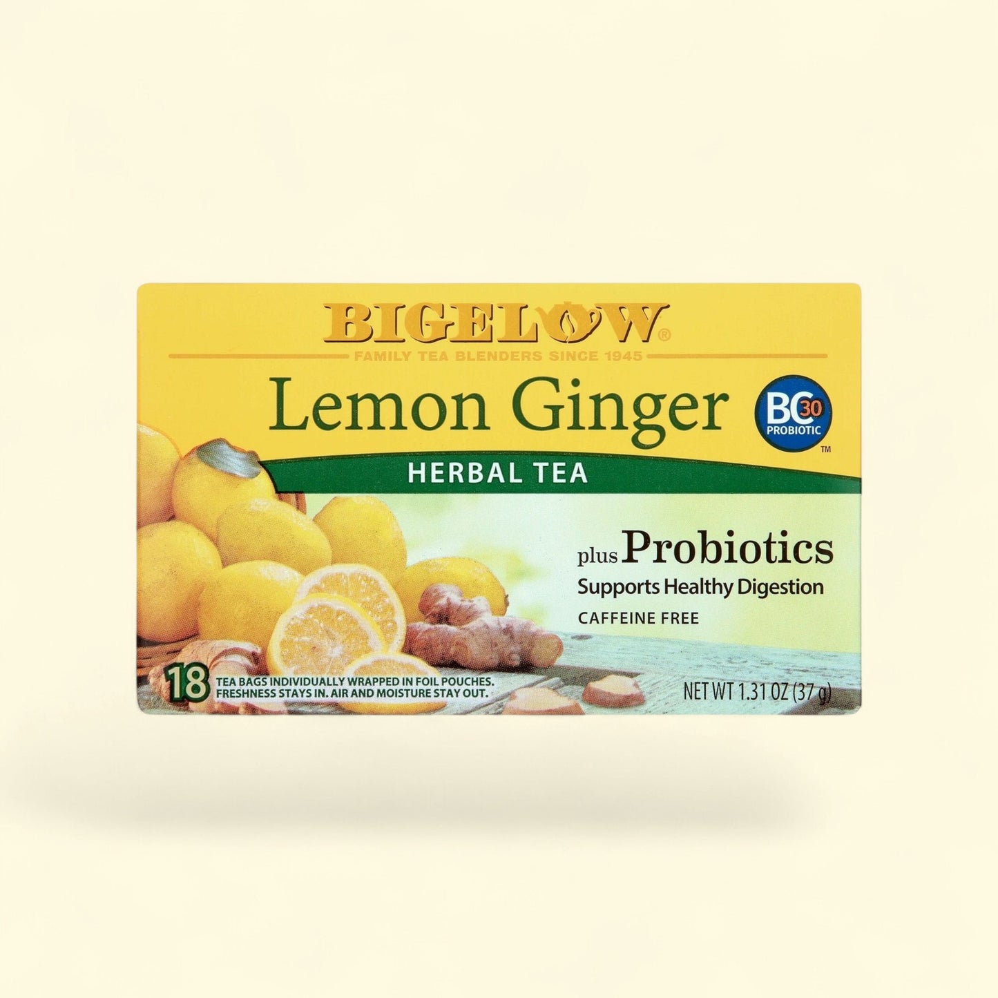 Bigelow Lemon Ginger Plus Probiotics Tea Bags, 18 Count — authentic US product shipped worldwide by Treatspree