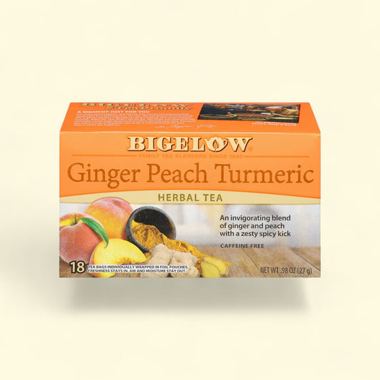 Bigelow Ginger Peach Turmeric Herbal Tea Bags, 20 count — authentic US product shipped worldwide by Treatspree