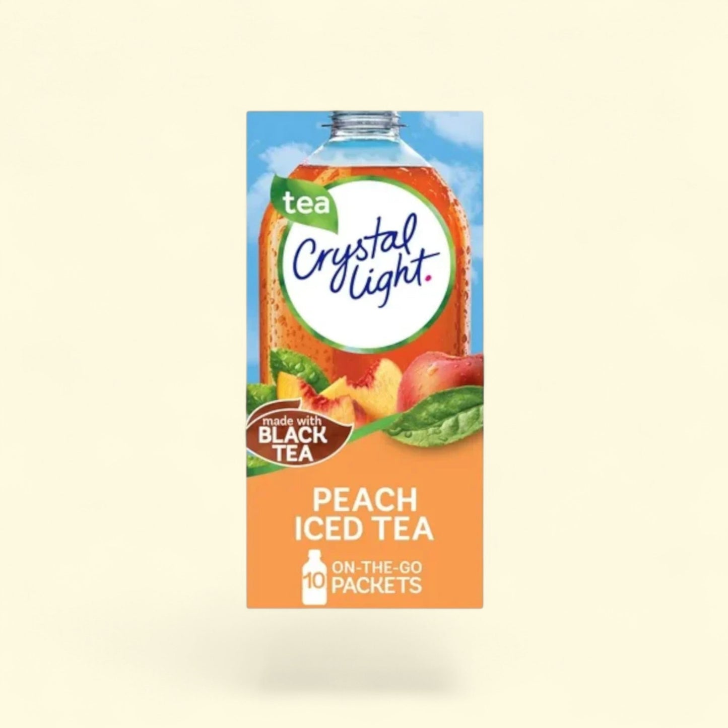 Crystal Light Peach Iced Tea package on a beige background