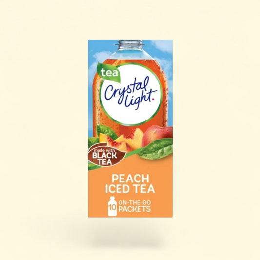 Crystal Light Peach Iced Tea package on a beige background