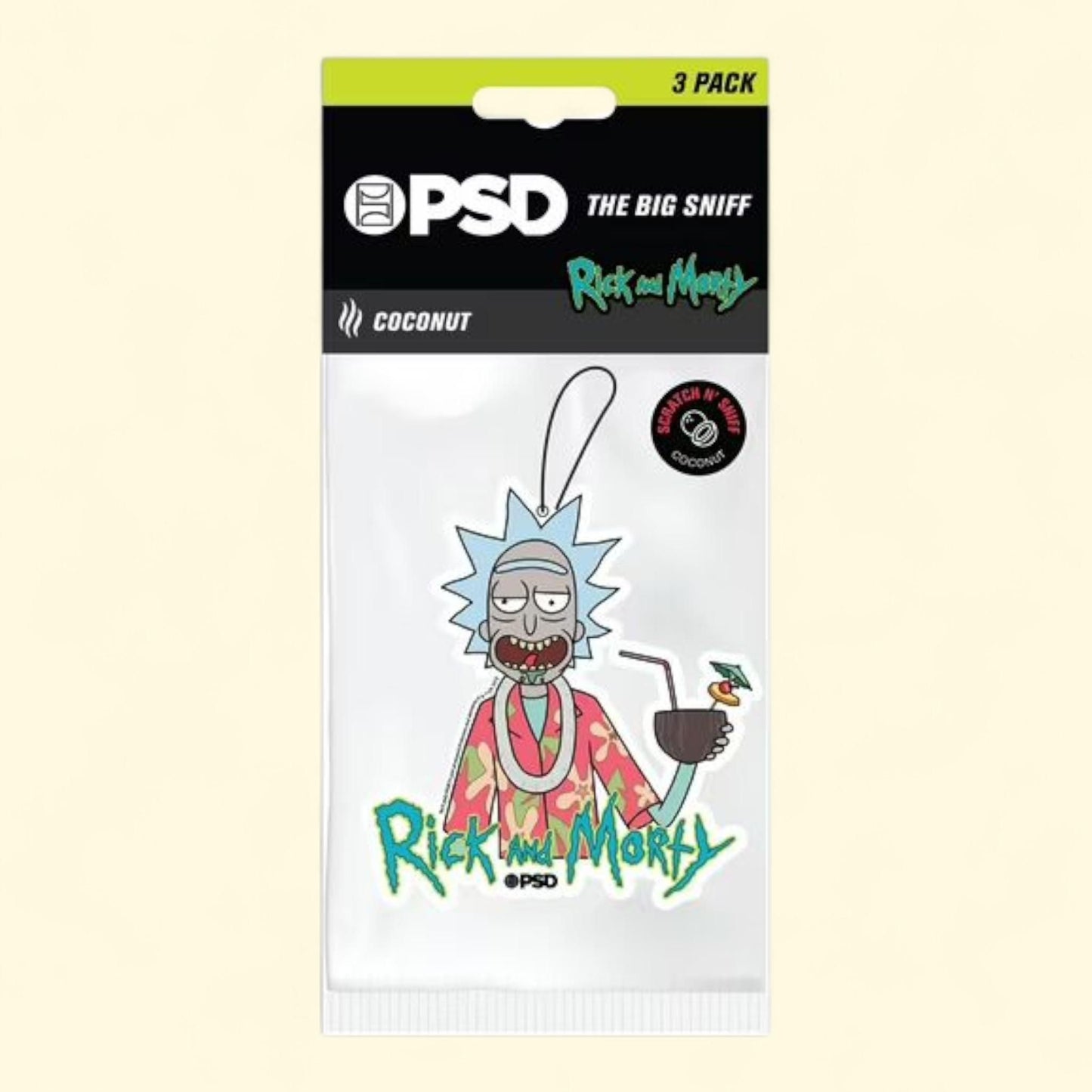 PSD Big Sniff, lot de 3 désodorisants suspendus parfumés à la noix de coco « Rick's Vacay » de Rick et Morty
