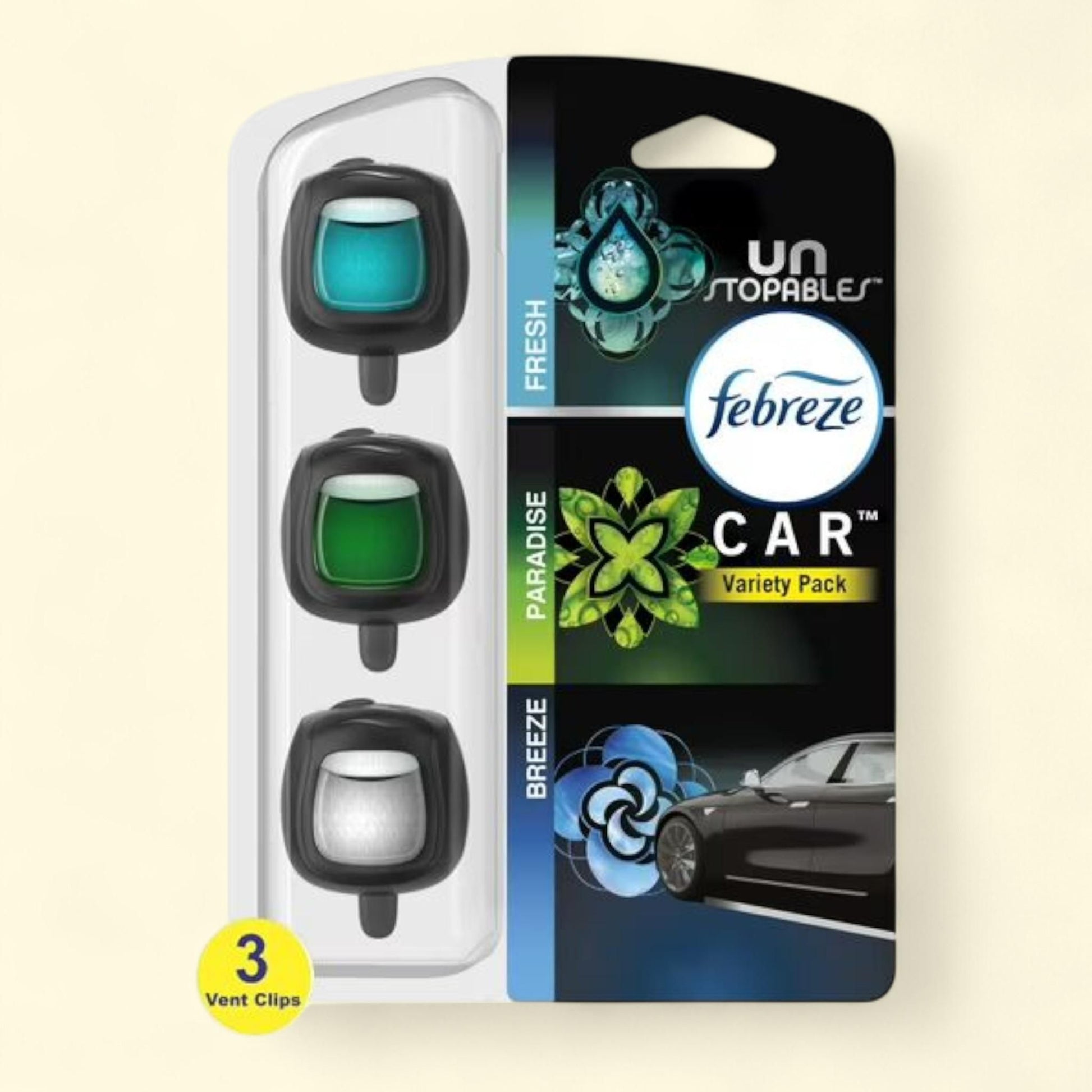 Febreze Car Air Freshener, Unstopables Variety Pack, 3-Count — authentic US product shipped worldwide by Treatspree