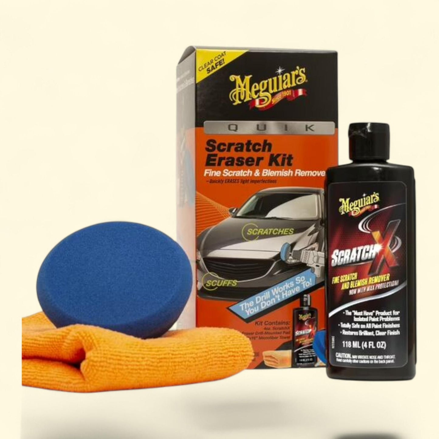 Meguiar's Scratch Eraser Kit, Car Care Kit with ScratchX, Drill-Mounted Pad, and Microfiber Towel, Multi-color, 1 ct