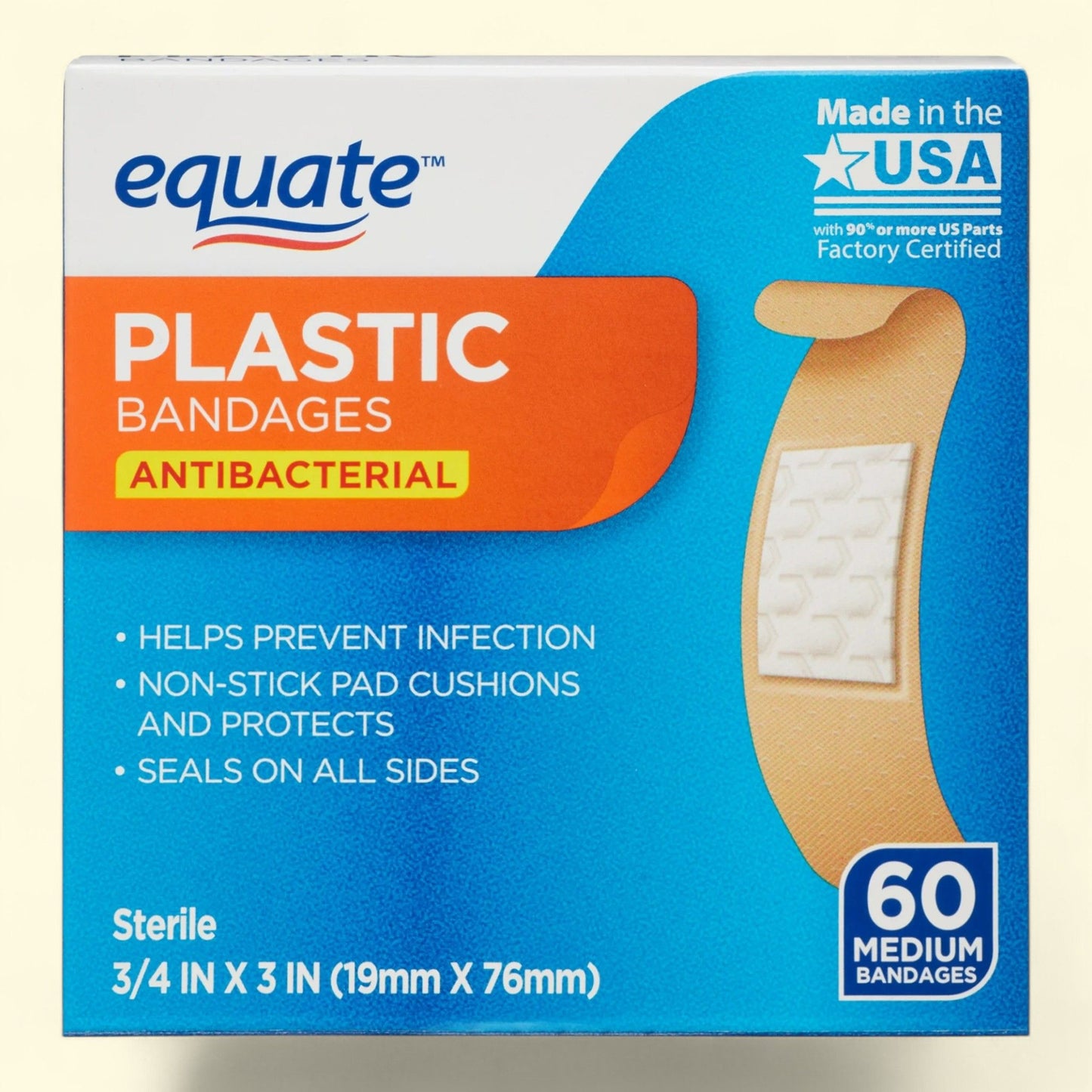 Equate Antibacterial Plastic Bandages, 60 count