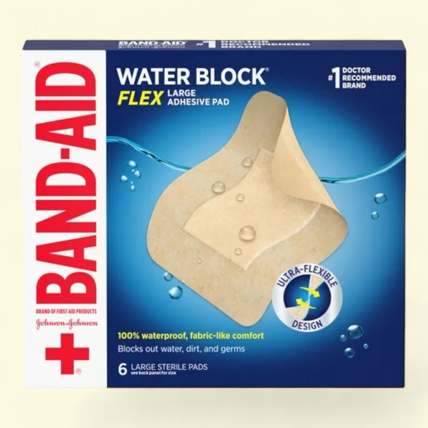 Band-Aid Water Block Flex Waterproof Adhesive Pads, Large, 6 Ct