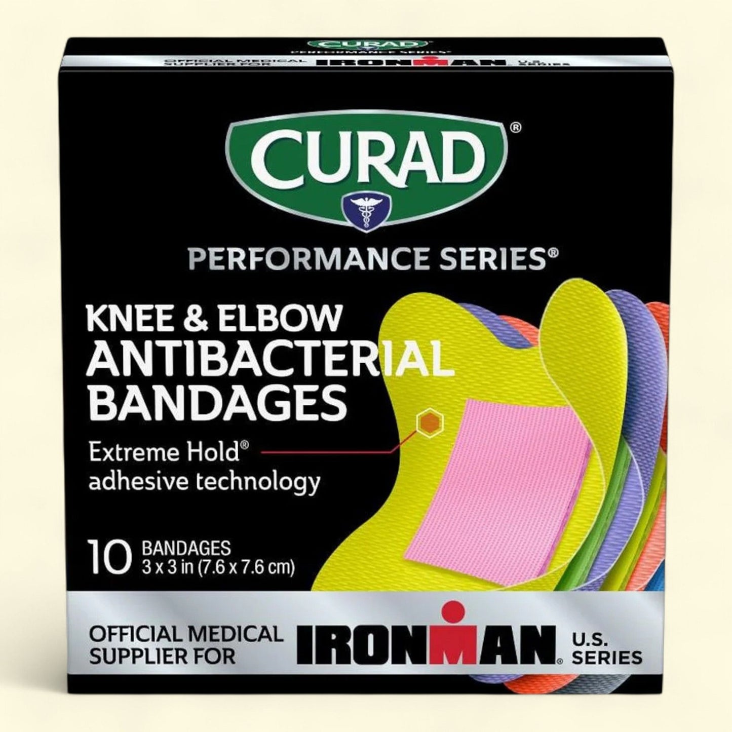 CURAD IRONMAN Antibacterial Bandages, Elbow/Knee, 3" X 3", 10Ct