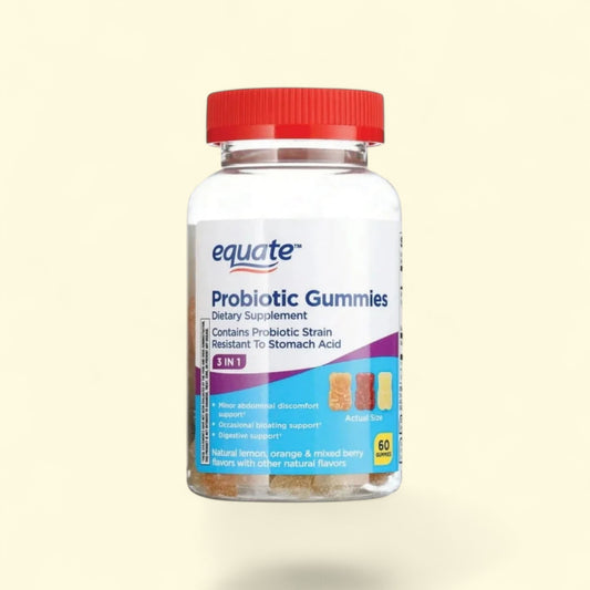 Bottle of Equate Probiotic Gummies on a beige background