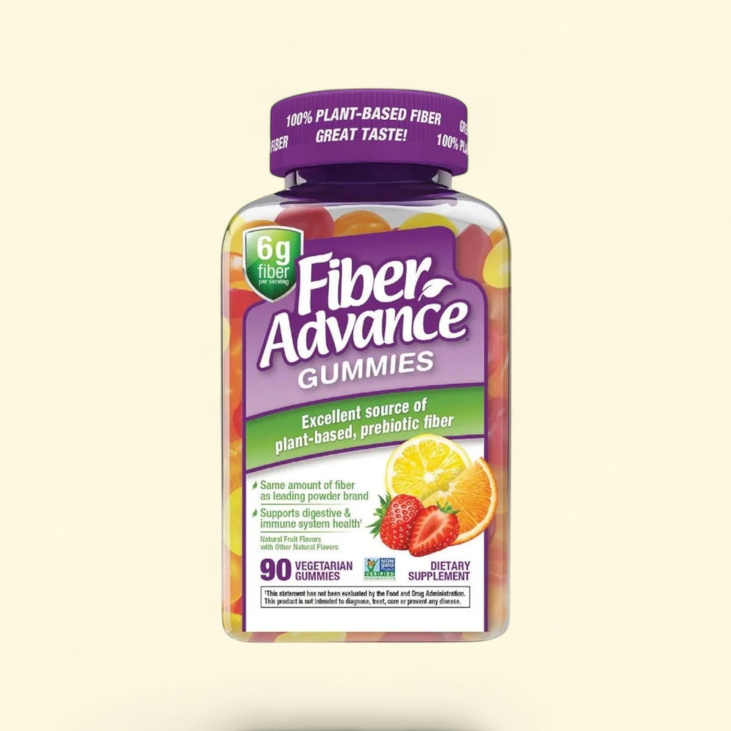 Bottle of Fiber Advance Gummies on a beige background