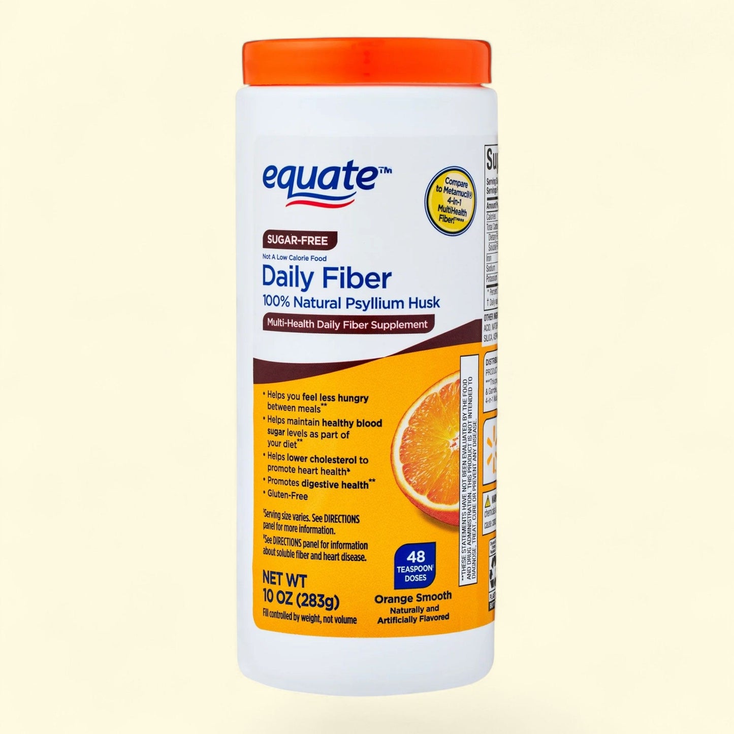 Equate Daily Fiber Psyllium Husk Fiber Supplement, Sugar-Free Orange Smooth, 10 oz