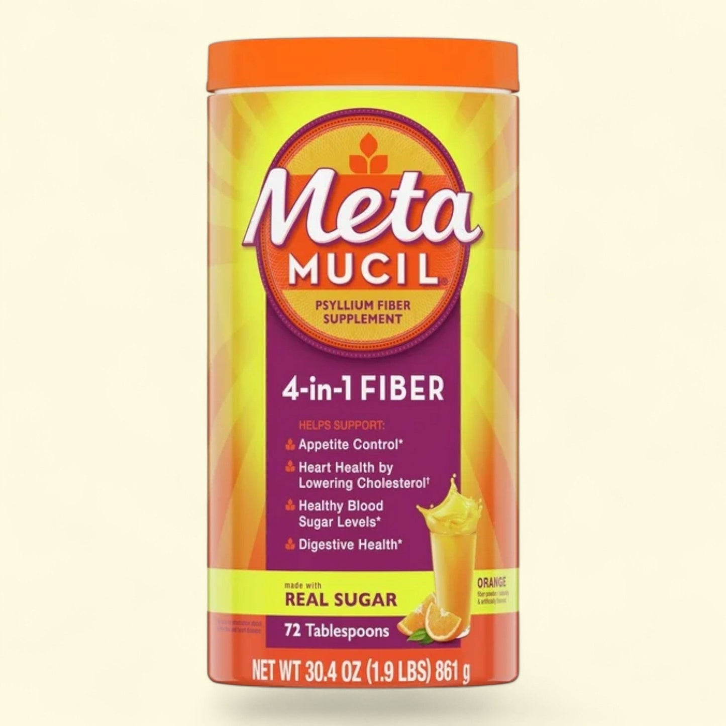 Metamucil Fiber Supplement, Sugar Fiber Powder, Orange, 72 Servings