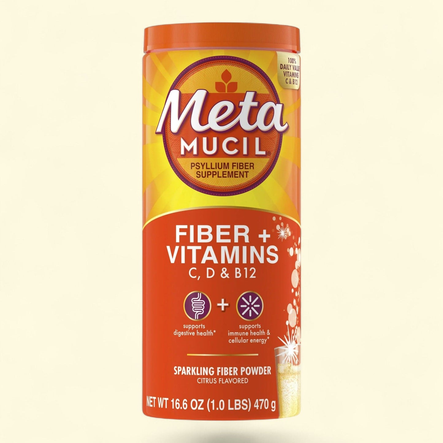 Metamucil Fiber Supplement, Fiber Powder with Vitamins B12, Citrus, 50 Servings
