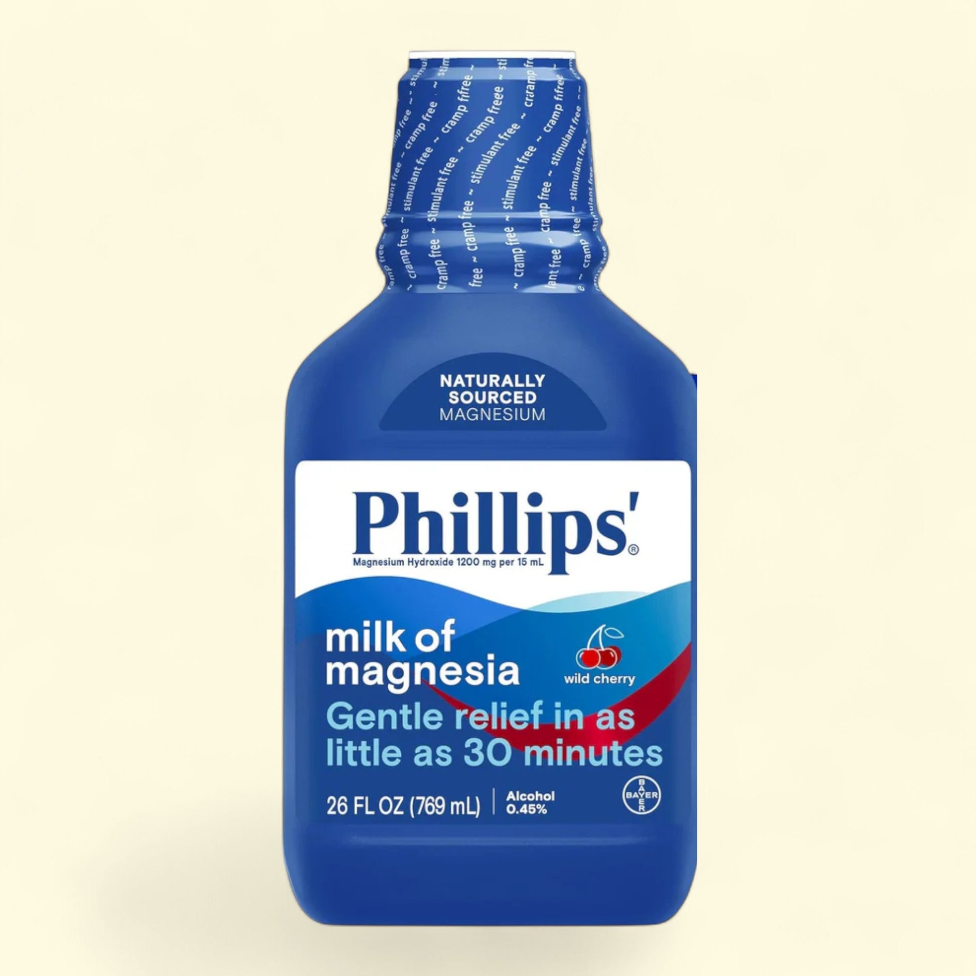 Blue bottle of Phillips' Milk of Magnesia on a beige background
