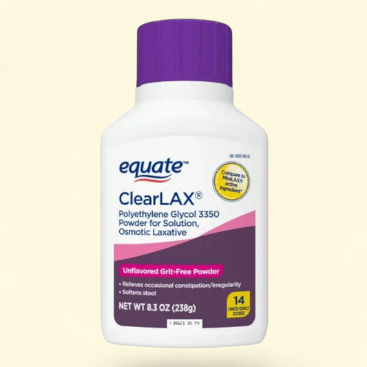 Equate ClearLAX laxative powder bottle on a beige background