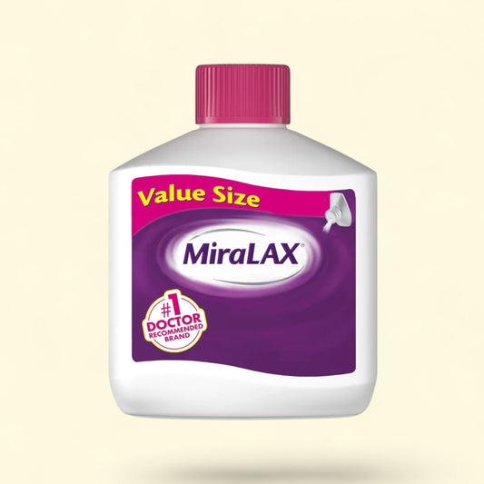 Miralax bottle with purple label and pink cap on a beige background