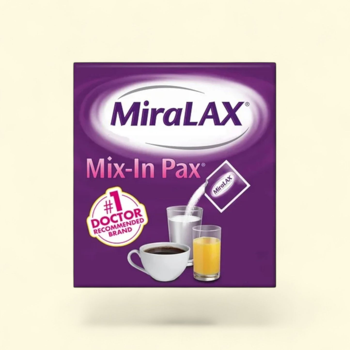 MiraLAX Mix-In Pax packaging on a beige background