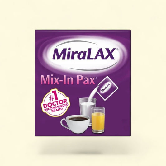 MiraLAX Mix-In Pax packaging on a beige background