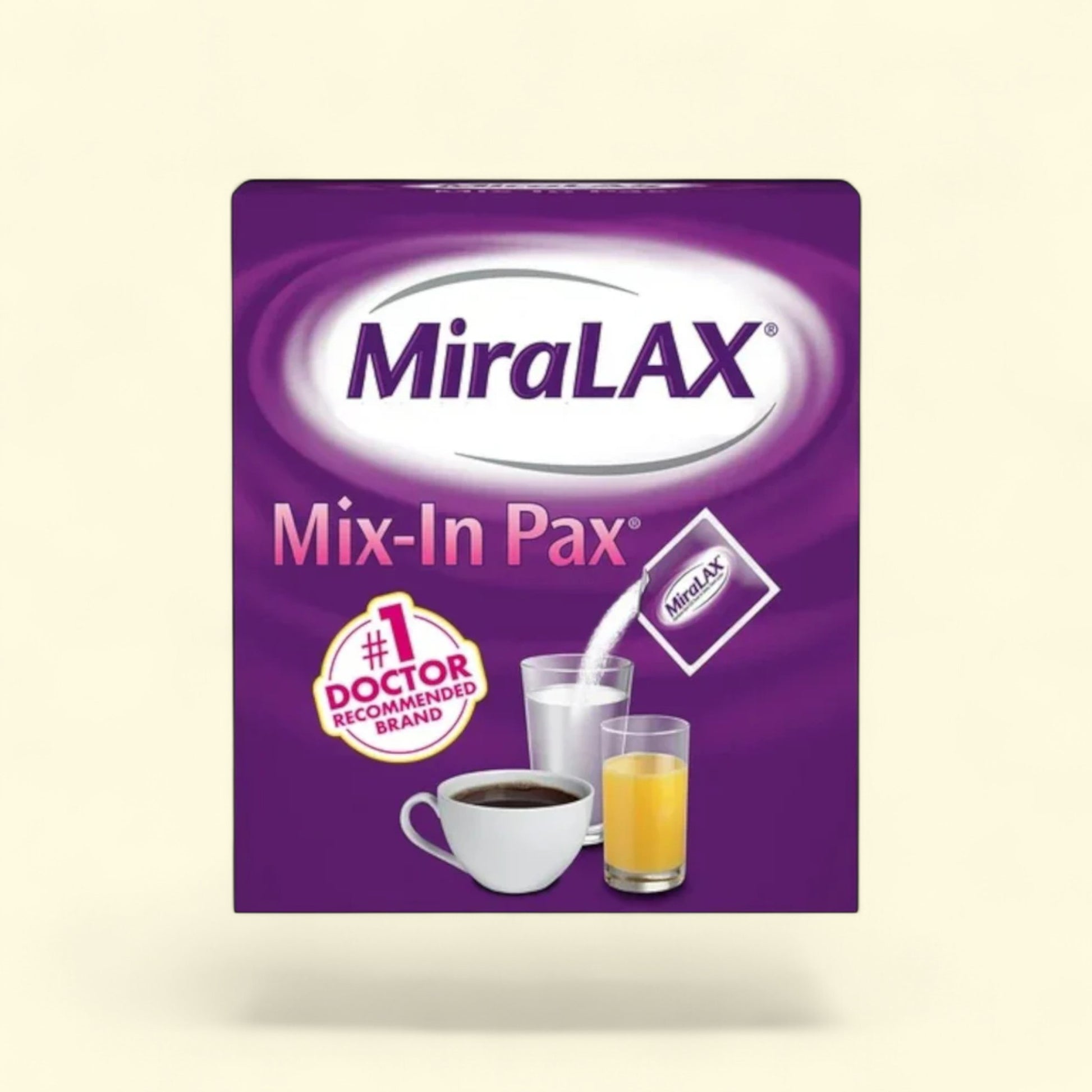 Miralax Mix-In Pax packaging on a beige background