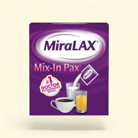 Miralax Mix-In Pax packaging on a beige background