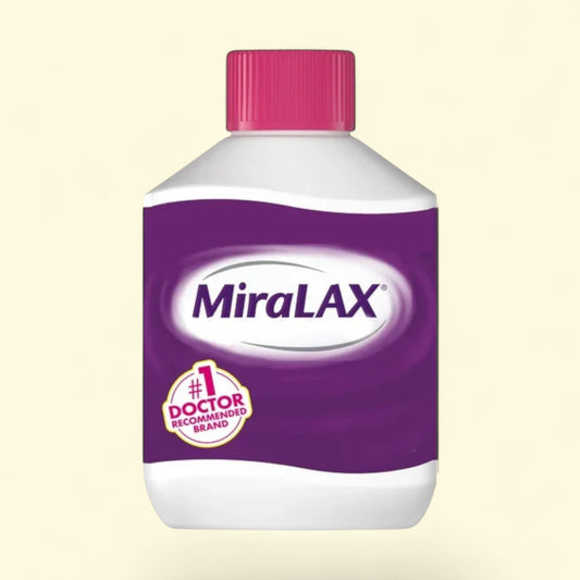 Miralax bottle with purple label and pink cap on a beige background