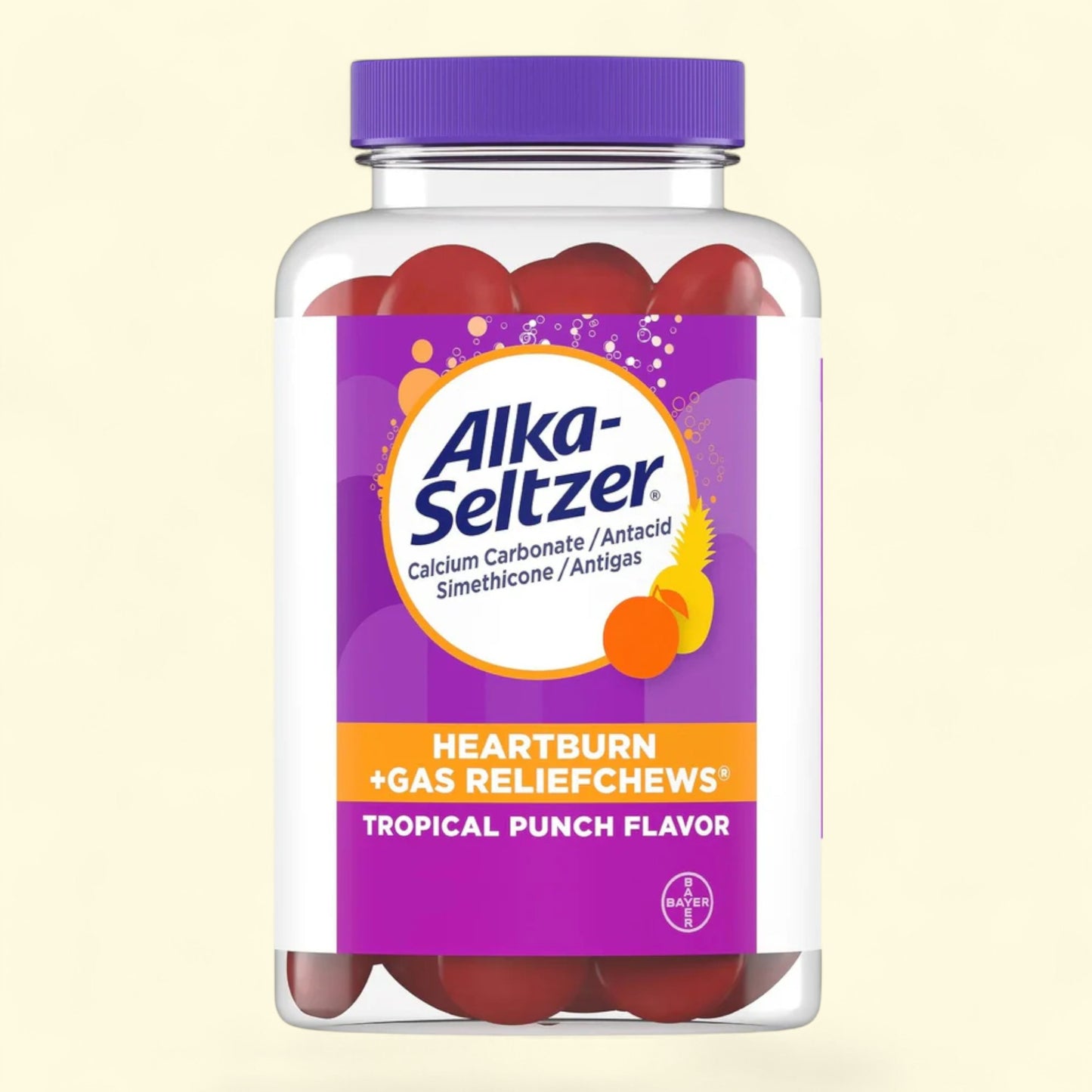 Alka-Seltzer heartburn and gas relief chews in a purple and white container on a beige background