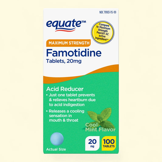 Equate Famotidine Tablets 20 mg, Cool Mint, 100 Count