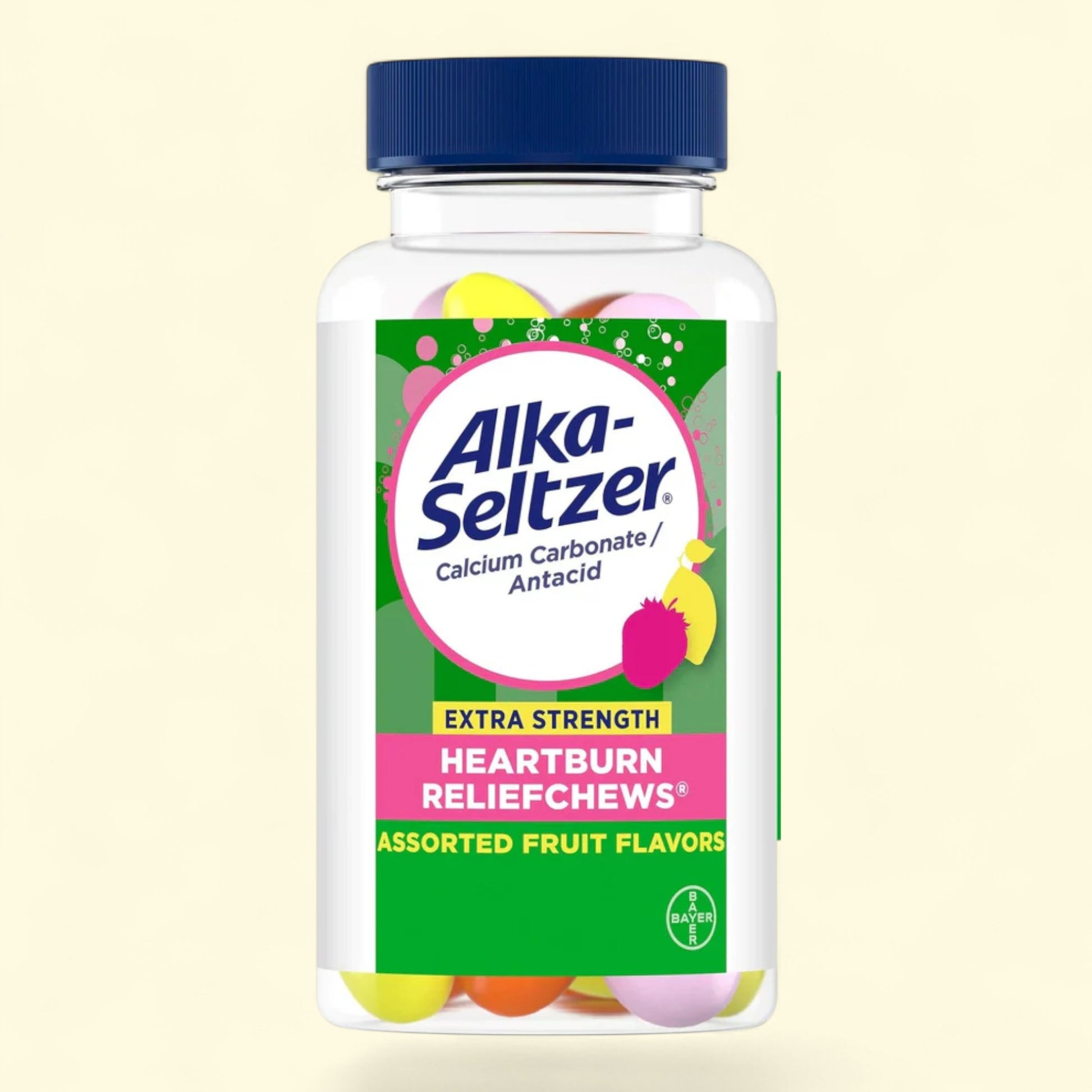 Alka-Seltzer Extra Strength Heartburn Relief Chews bottle on a beige background