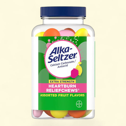 Alka-Seltzer heartburn relief chews in assorted fruit flavors on a beige background