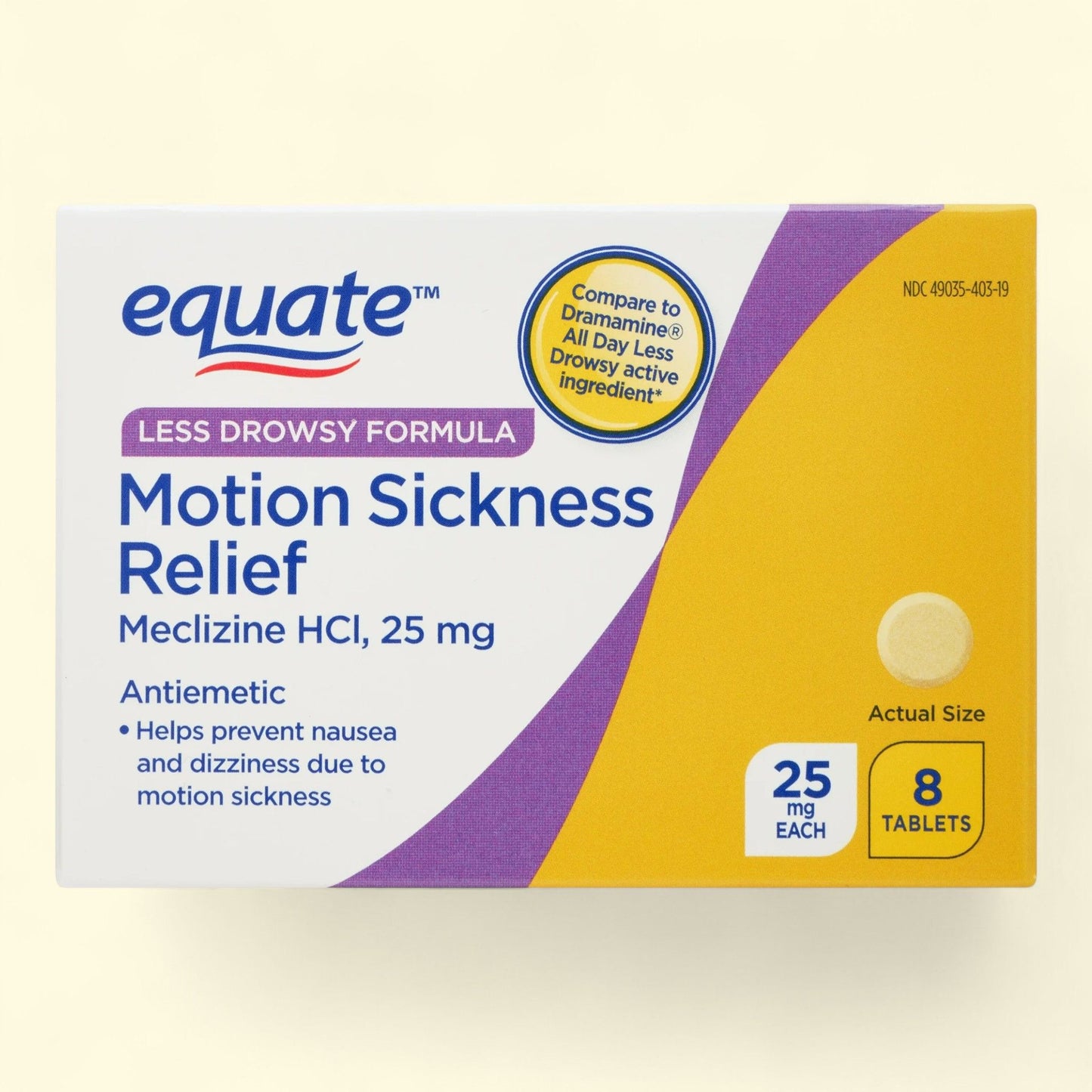 Equate Motion Sickness Relief Meclizine HCI Tablets, 25mg, 8 Count