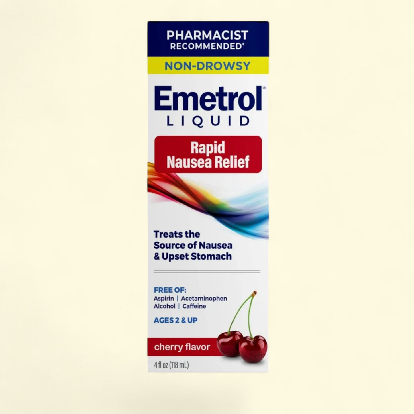 Emetrol Liquid packaging with cherry flavor indication on a beige background