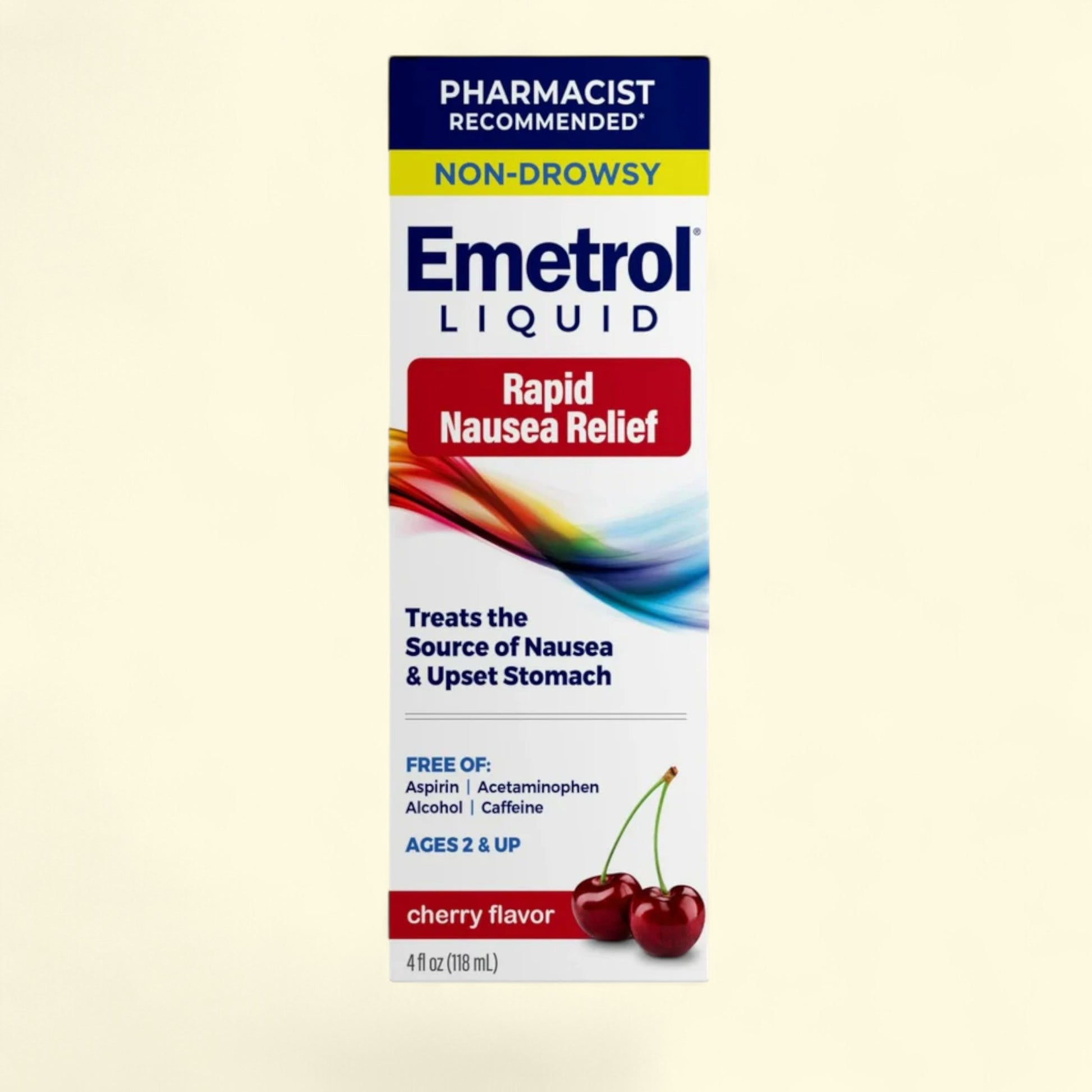 Emetrol Liquid packaging with cherry flavor indication on a beige background